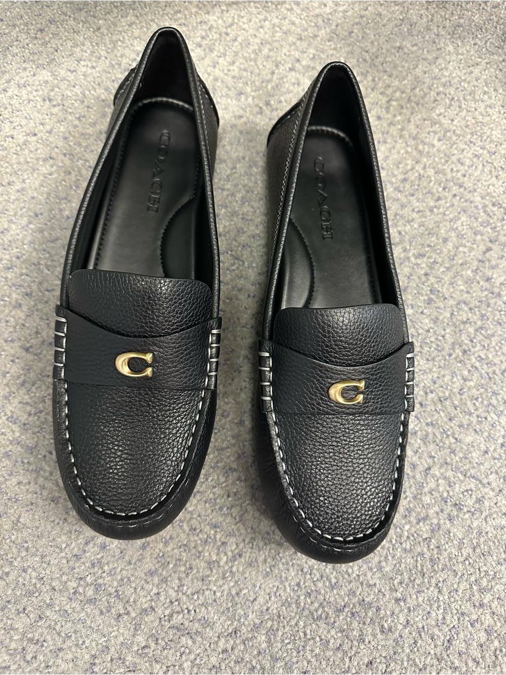 Coach Black Pebbled Leather Slip-On Loafers with Gold 'C' Accent